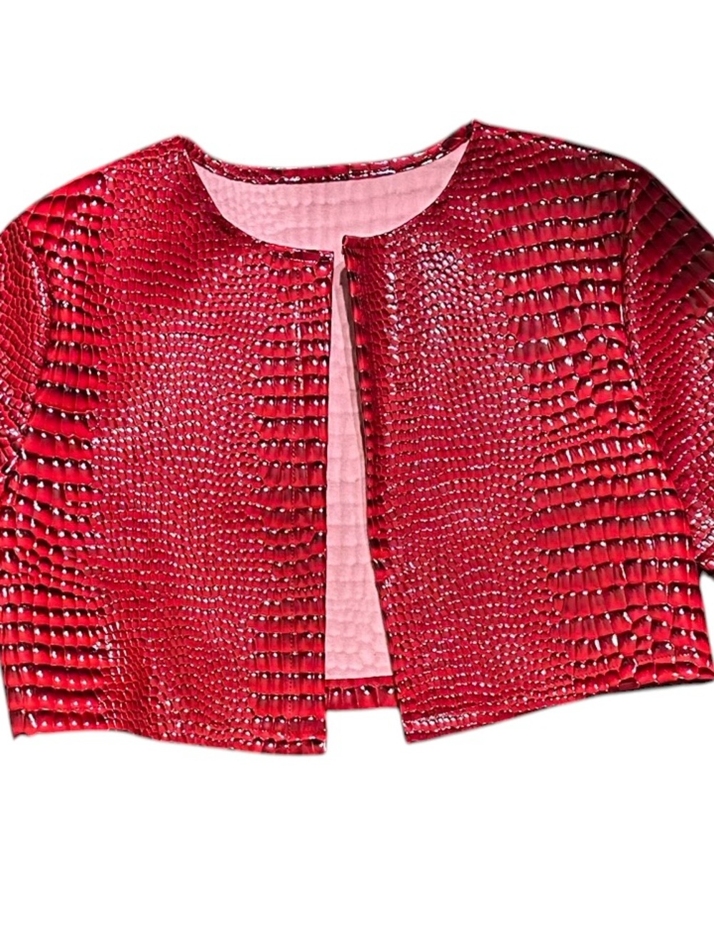 Textured Red Cropped Open Front Jacket - Picture 3 of 5
